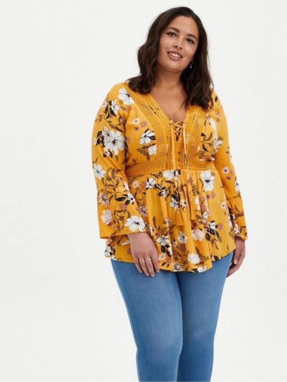 Torrid Mustard Yellow White Floral Lace V-Neck Boho Baby Doll Peasant Blouse - Picture 2 of 6